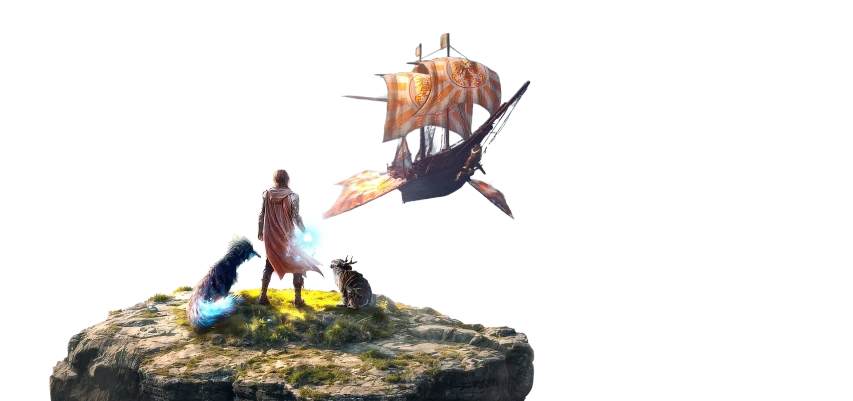 Una imagen de una isla y personajes de Guardians of the Wild Sky