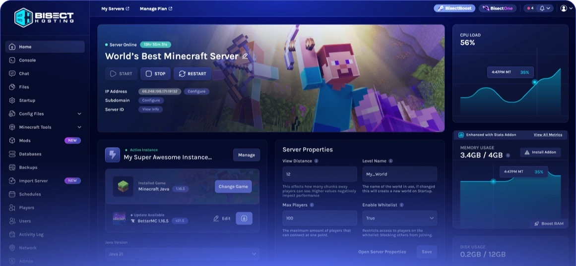 BisectHosting game server control panel