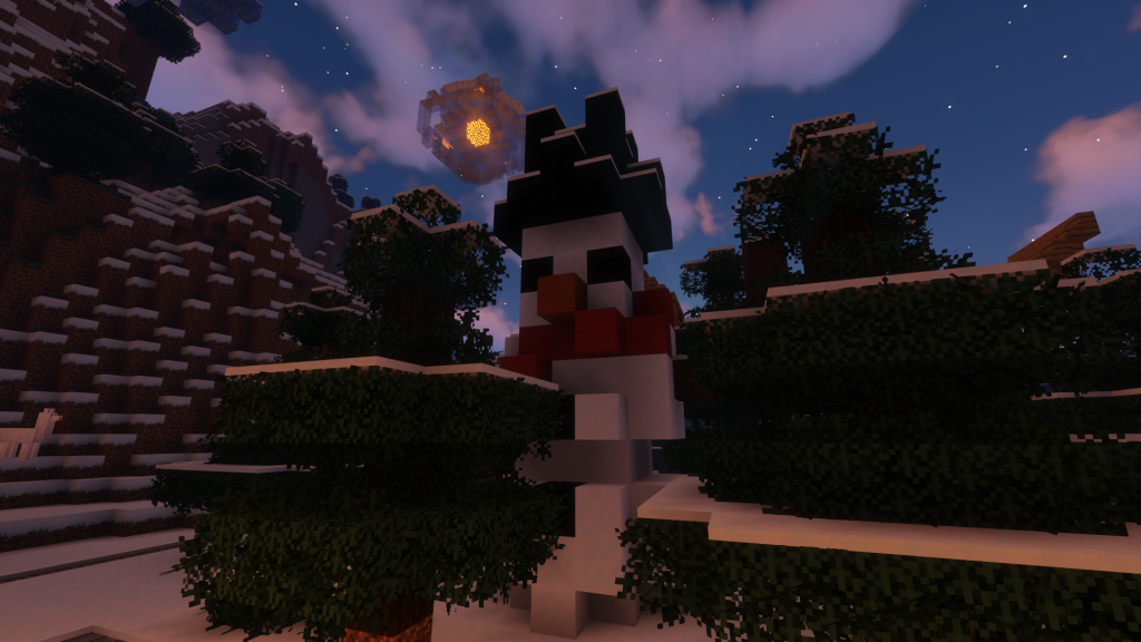 Behind the trees Minecraft snowman.