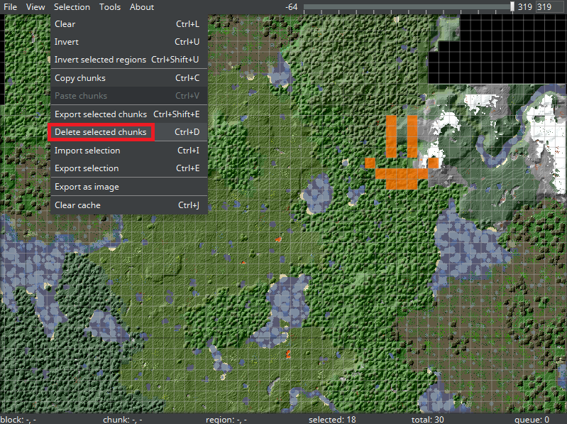 Smiley face of selected chunks with delete selected chunks option.
