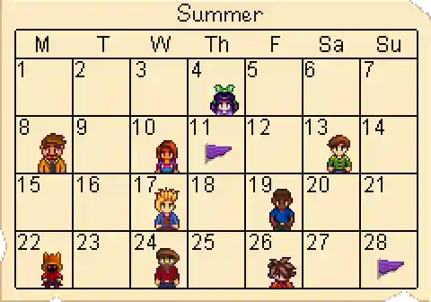Stardew Valley Summer Calendar