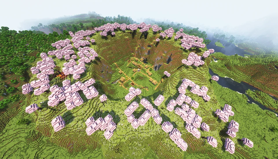 Minecraft 1.20 Seeds: Cherry Grove Village Screenshot