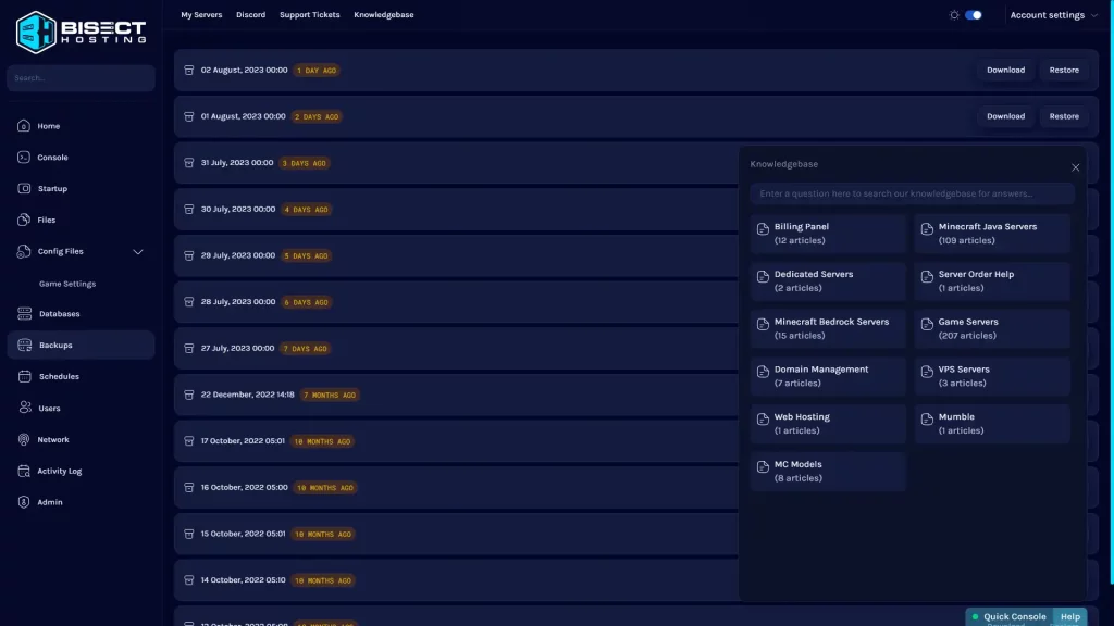 BisectHosting Panel Help Menu