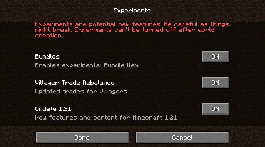 Minecraft 1.21 Snapshot Experimental Settings Screenshot