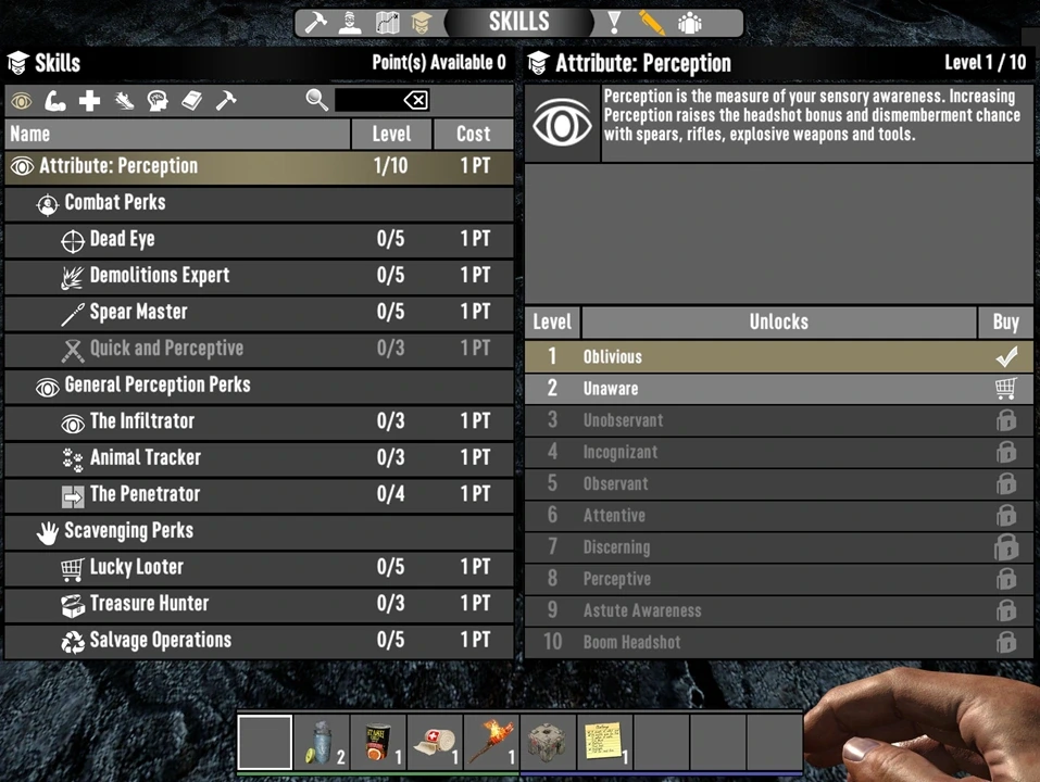 7 Days to Die Perks screen