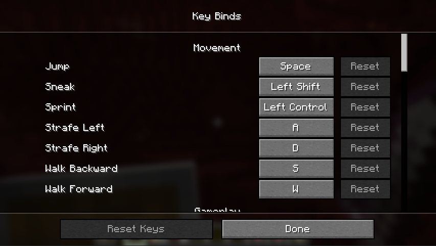 Minecraft Controls Guide: Hotkey Settings Menu Screenshot