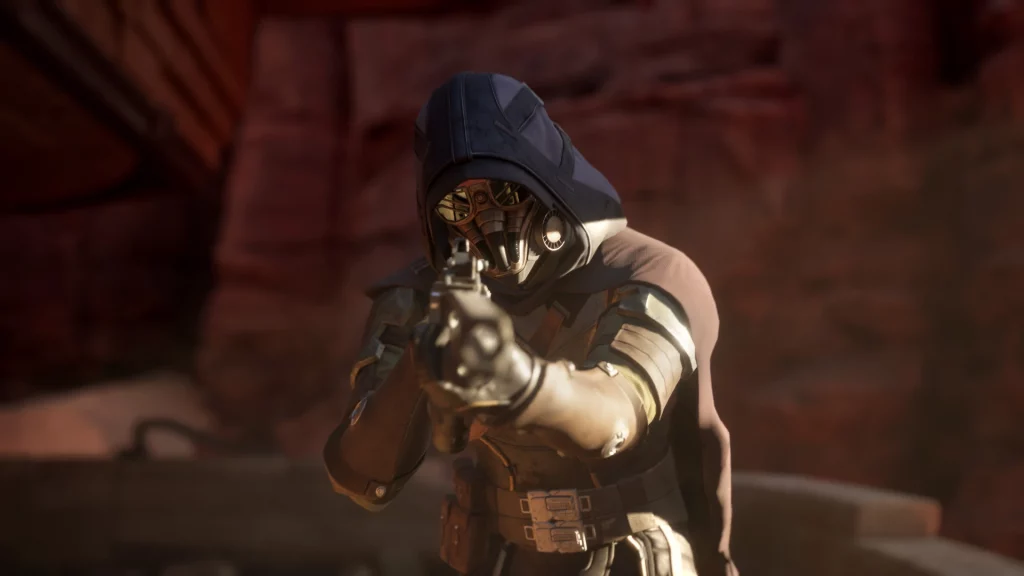 Dune: Awakening character looking at camera with gun