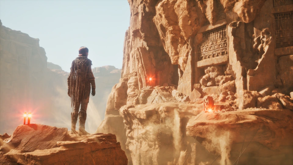 Character looking at a ruin in Dune: Awakening screenshot