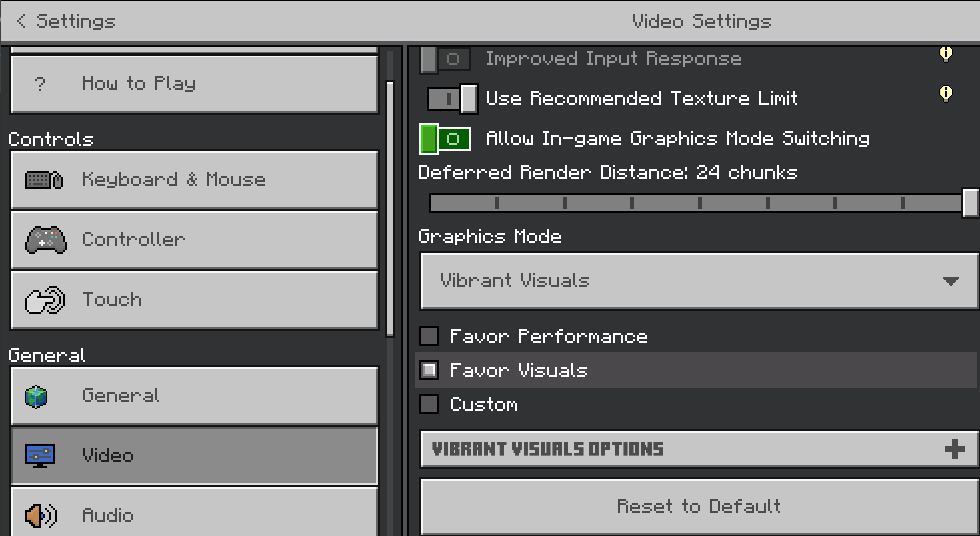 Minecraft Bedrock Edition Graphics Settings Screenshot