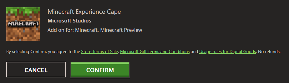 Minecraft Experience Cape Redeem Confirmation Screenshot