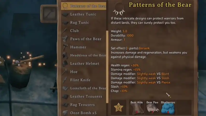 Valheim Crafting Bear Armor Set