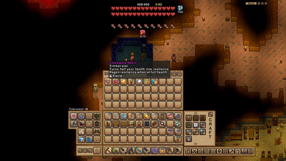 Necesse inventory in a cave screenshot