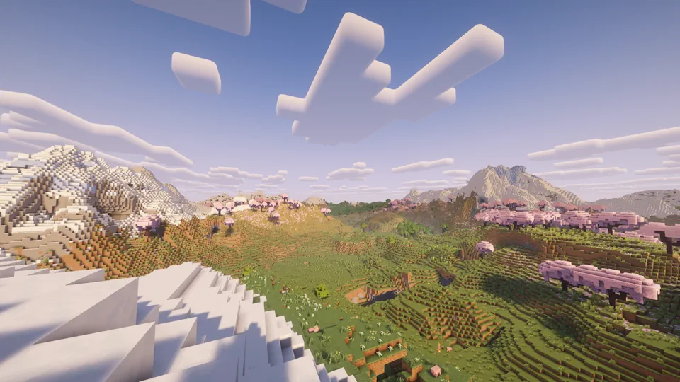 Minecraft Valley Lined With Cherry Blossom Trees and Mountains Screenshot