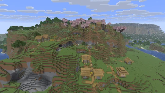 Minecraft Cherry Blossom Biome Overlooking Village Screenshot