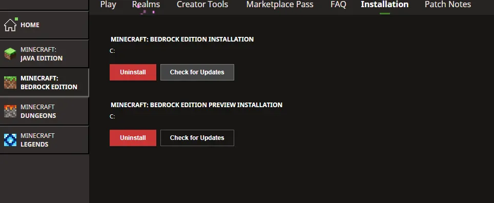 Minecraft Bedrock Edition Update Check Button Screenshot