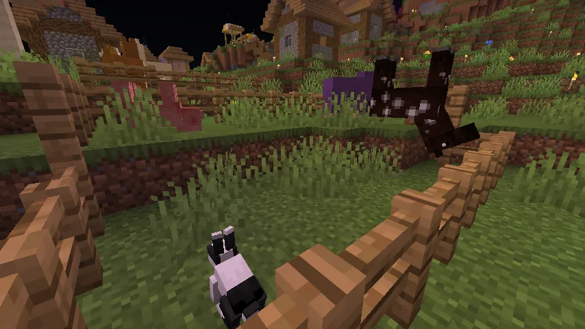 Minecraft Easter Egg Special Name Tag Names Screenshot: Upside Down Horse, Black and White Rabbit, Upside Down Pig, & Rainbow Sheep