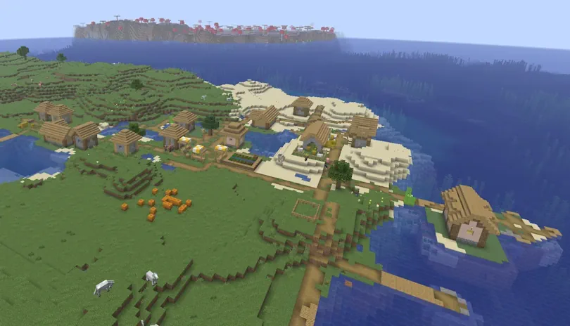Mushroom Island Minecraft Seeds: Village with Mushroom Island in Background Screenshot