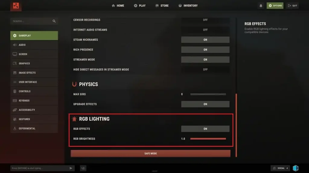 Rust RGB Lighting Settings