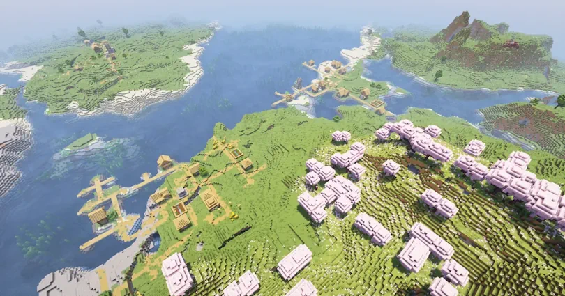 Minecraft Three Villages Next to Cherry Blossom Biome Screenshot