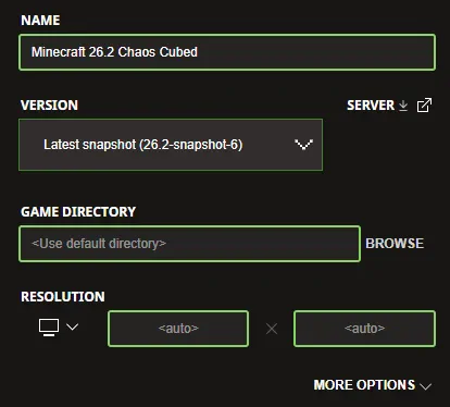 Minecraft 26.2 Chaos Cubed Snapshot Install Screenshot