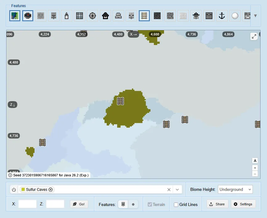 Minecraft Seed Map Showing Sulfur Caves and a Mineshaft