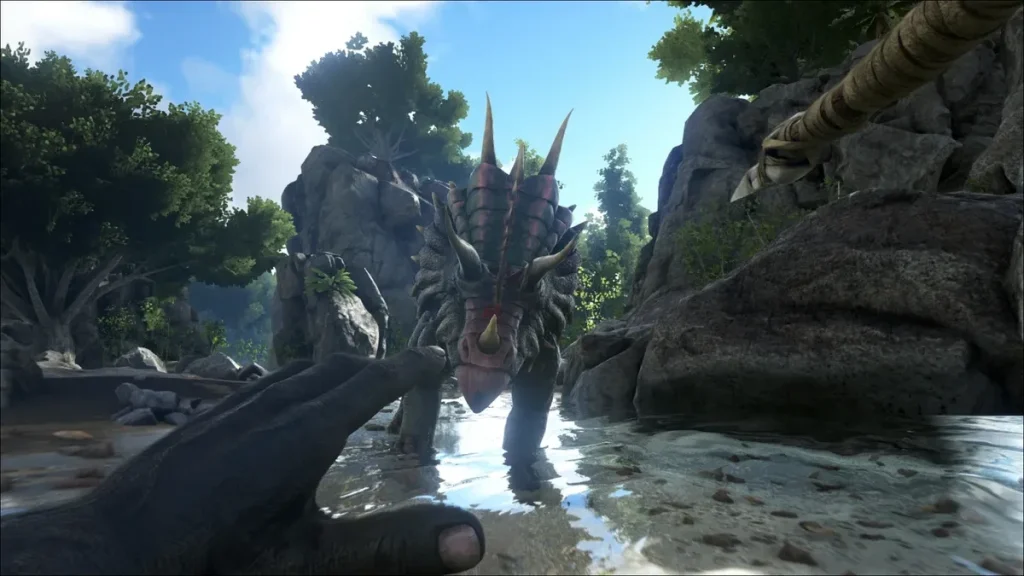 ARK: Survival Evolved Player Aiming Spear at Dinosaur screenshot