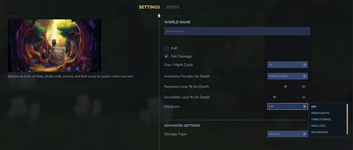 Hytale Hardcore Settings Screenshot