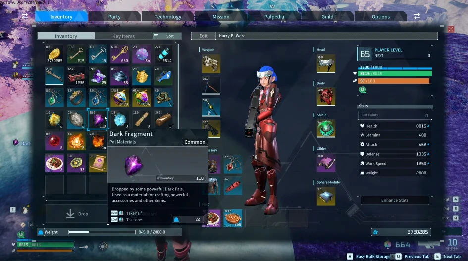 Palworld Dark Fragment Guide Inventory screenshot
