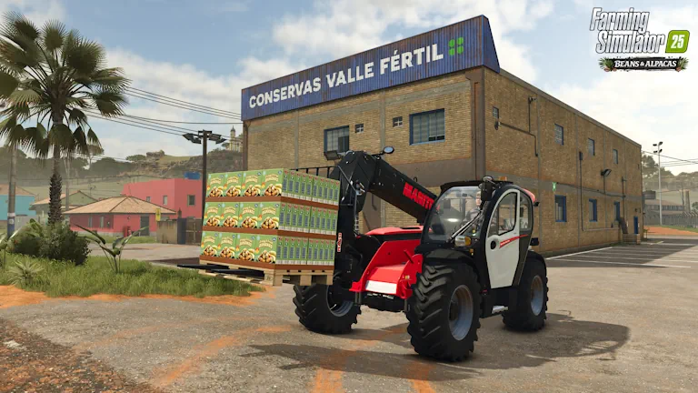 Farming Simulator 25 Beans & Alpacas Banana Product Being Carried by Lift Screenshot