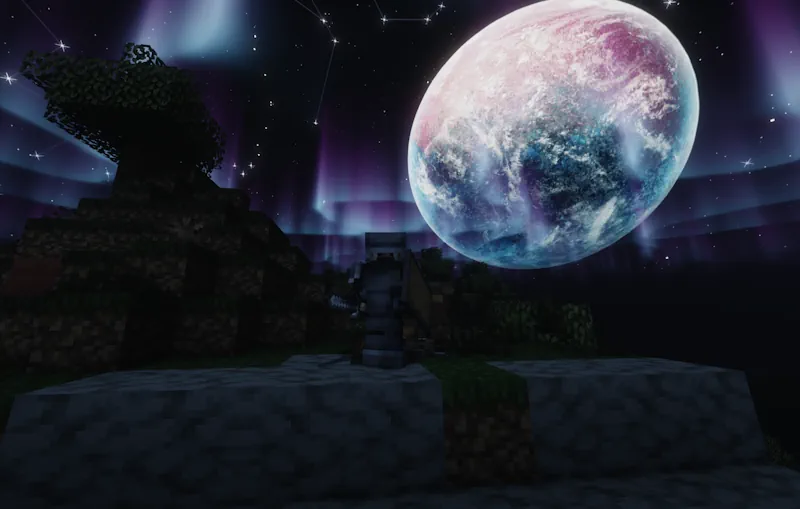 Minecraft Arcadia Modpack Player Beneath Moon Screenshot.