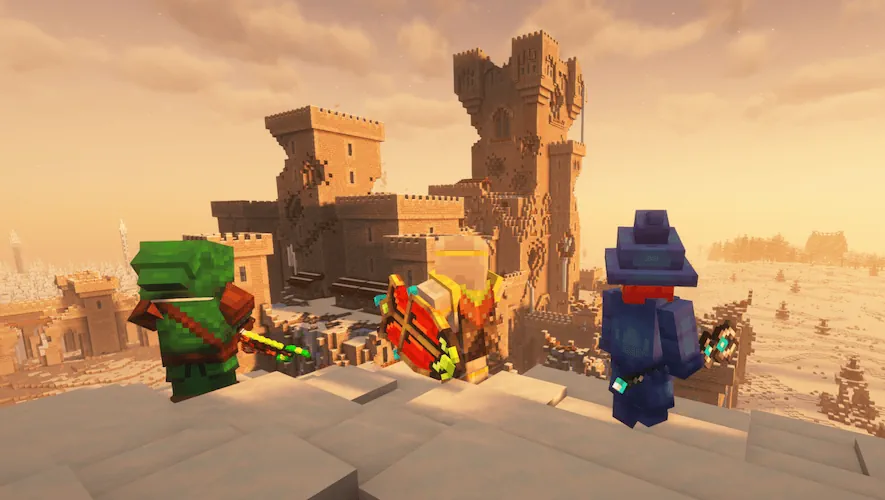 Minecraft Dungeons Heroes Modpack Screenshot: Heroes Looking at Castle