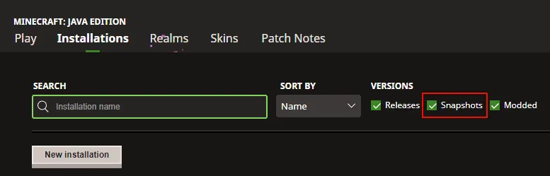 Minecraft Snapshot Install Button Screenshot