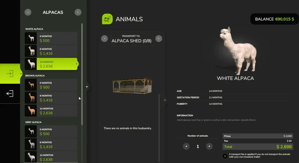 Farming Simulator 25 Alpacas info screen