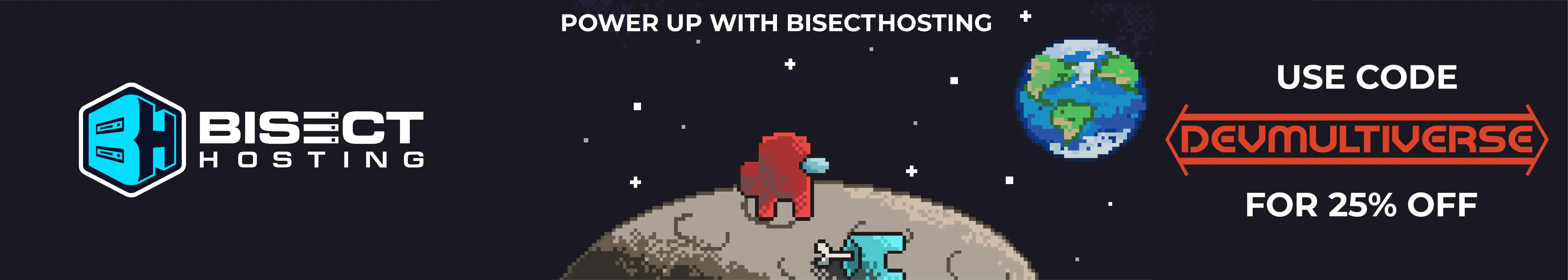 A crewmate on the moon with a bisecthosting logo on the left and a code on the right which says "DEVMULTIVERSE" for 25% off for a server