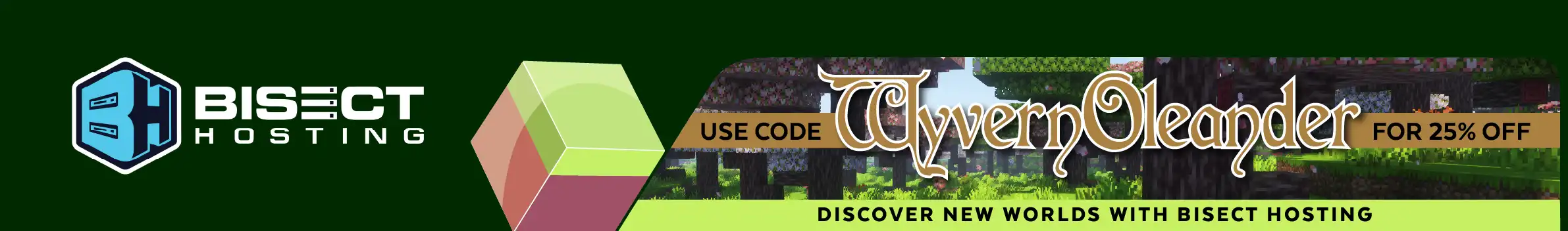 A BisectHosting banner in dark green with a minecraft grass block saying "Use code WyvernOleander for 25% off, discover new worlds with Bisect Hosting" over a Regions Unexplored magnolia forest