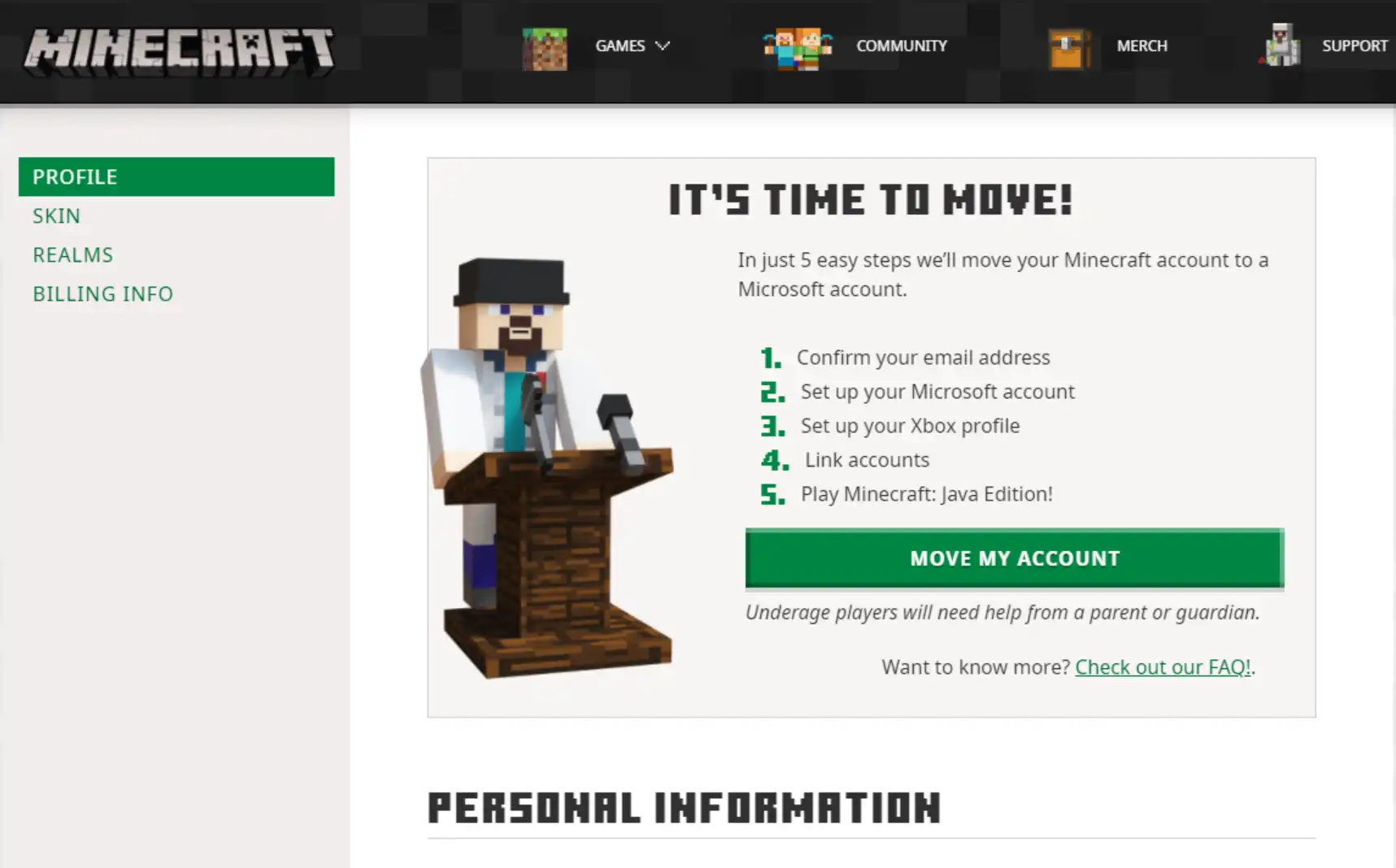 Mojang account registration page