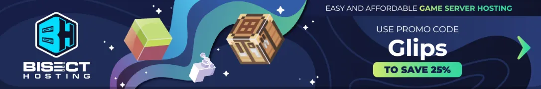 BisectHosting banner with Minecraft blocks, promo code 'Glips' for 25% off game server hosting