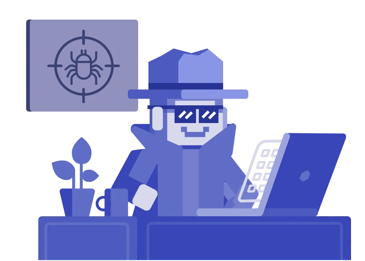 Detective at a laptop tracking down a bug
