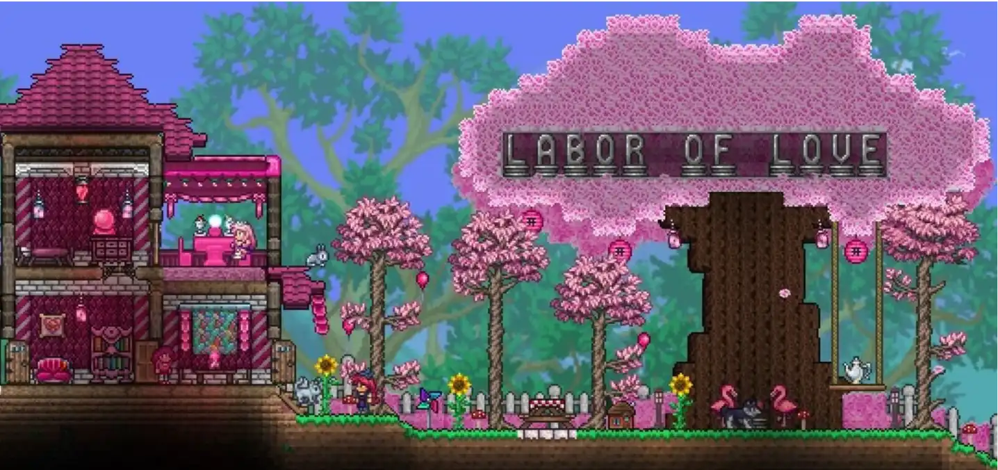 a building and a pink tree in terraria