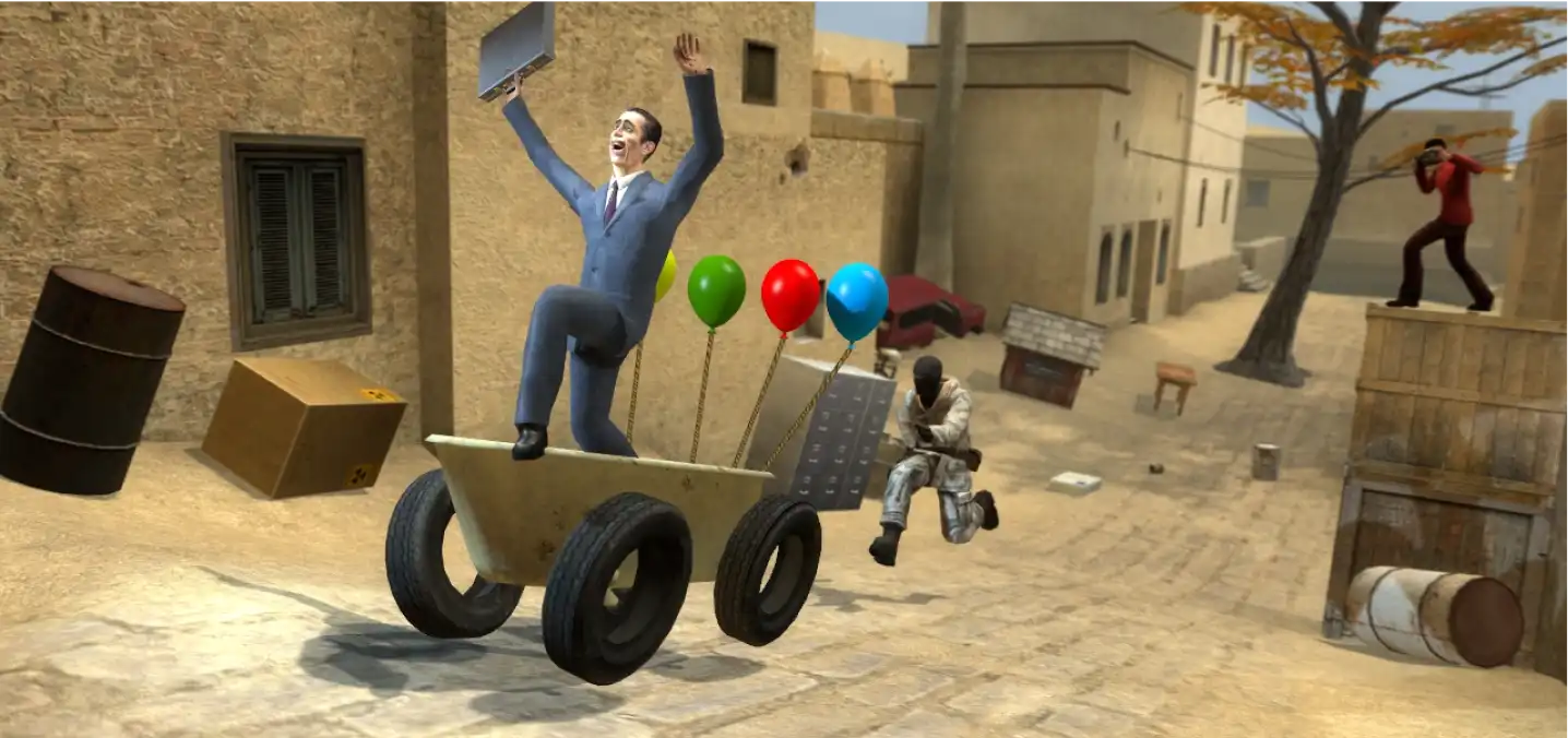 garry’s mod character running away on balloon vehicle