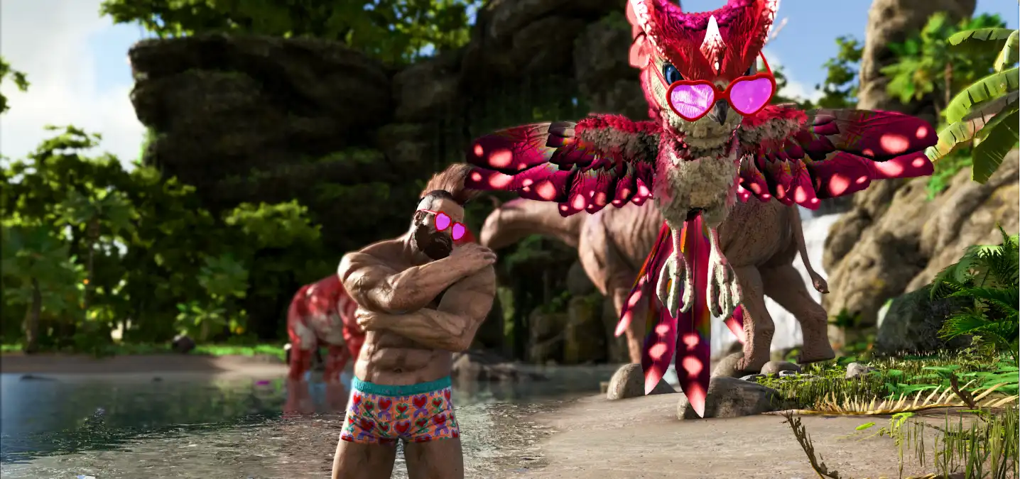 player and dinosaur wearing pink sunglasses